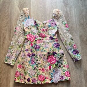 elliatt eliska pink & tan 3d floral sequin mesh embroidered mini dress small NEW